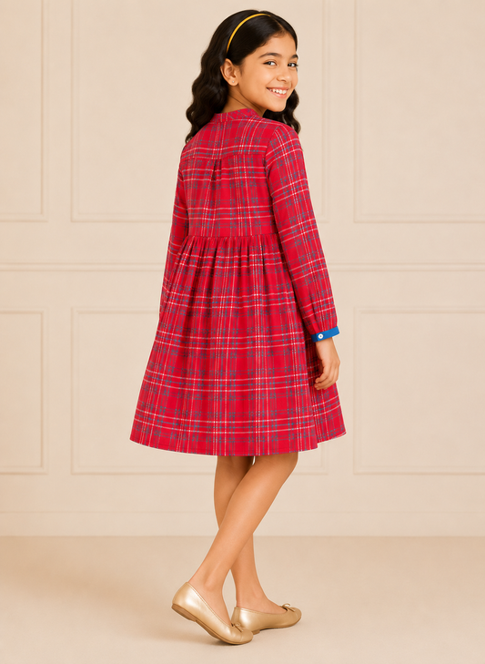 Red checked girls long sleeve dress with ruffle detailing and gathered waist