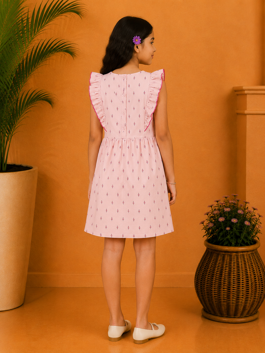 Pink and white gingham girls short sleeve dress with ruffle detailing and flared hem