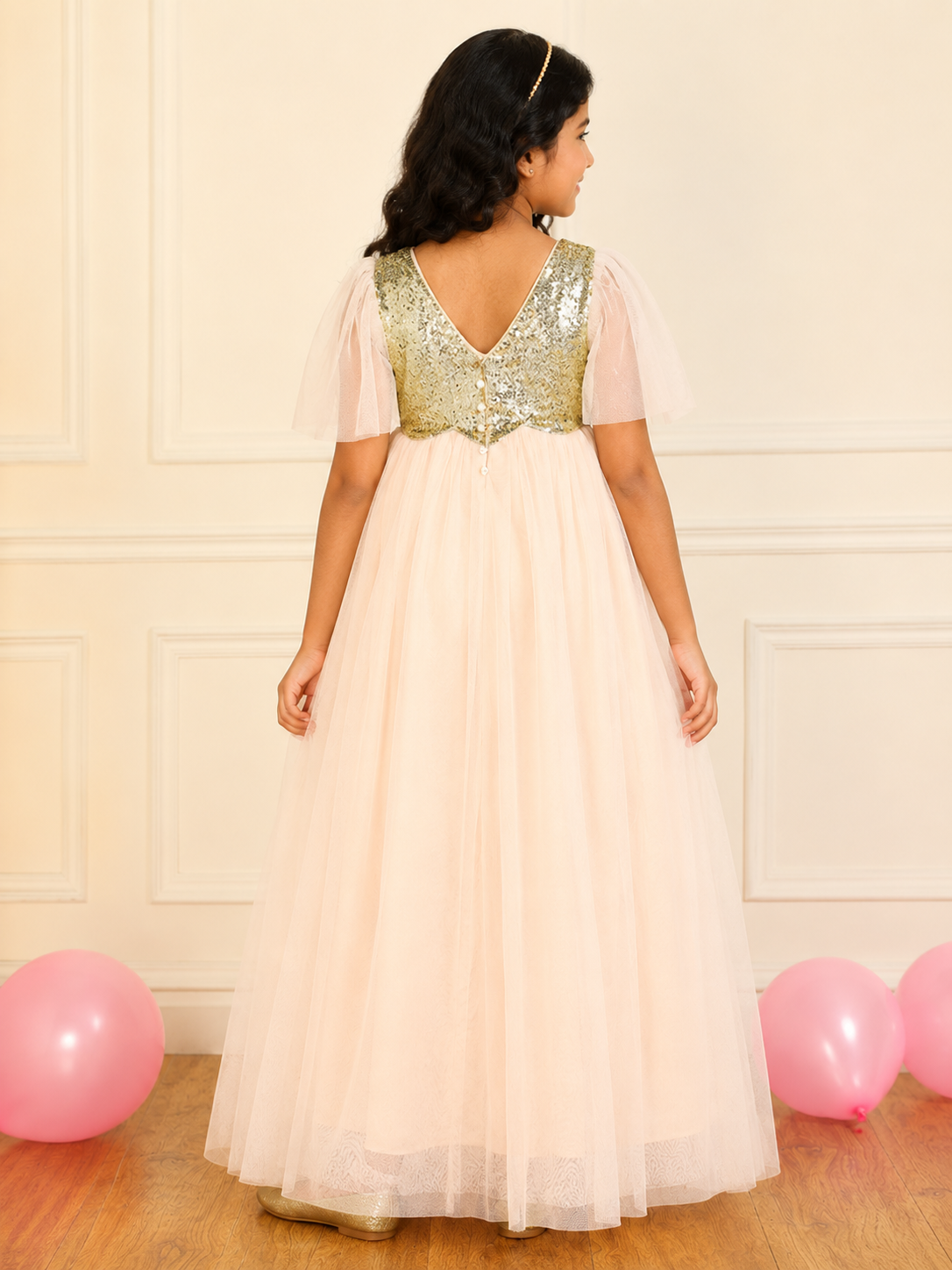 White girls layered tulle Dress with elasticated waist and flared silhouette