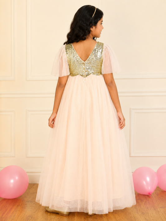 White girls layered tulle Dress with elasticated waist and flared silhouette