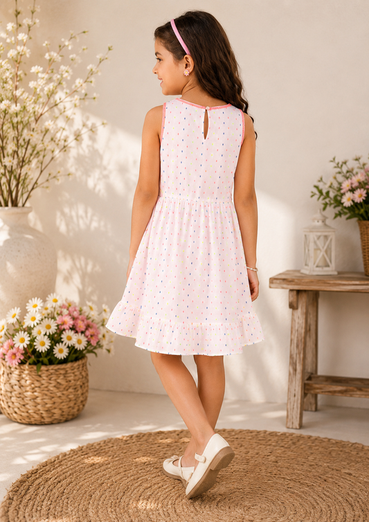 White girls sleeveless top with peach floral embroidery and ruffle detailing