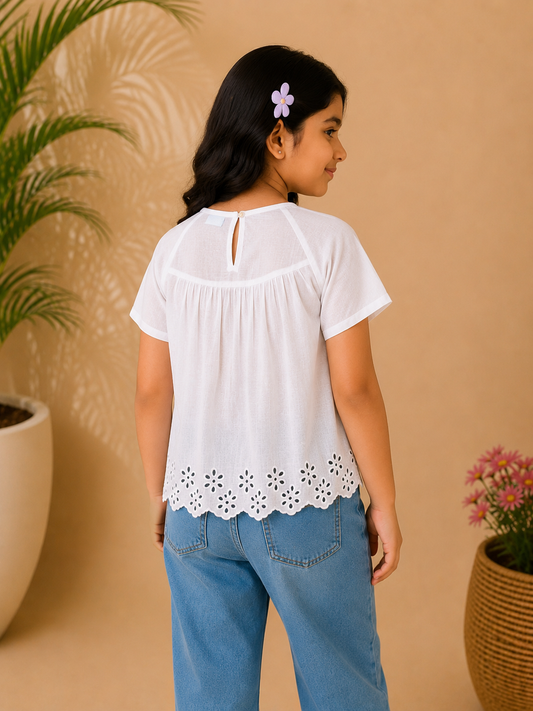 White and blue striped girls short sleeve dress with ruffle detailing and flared hem