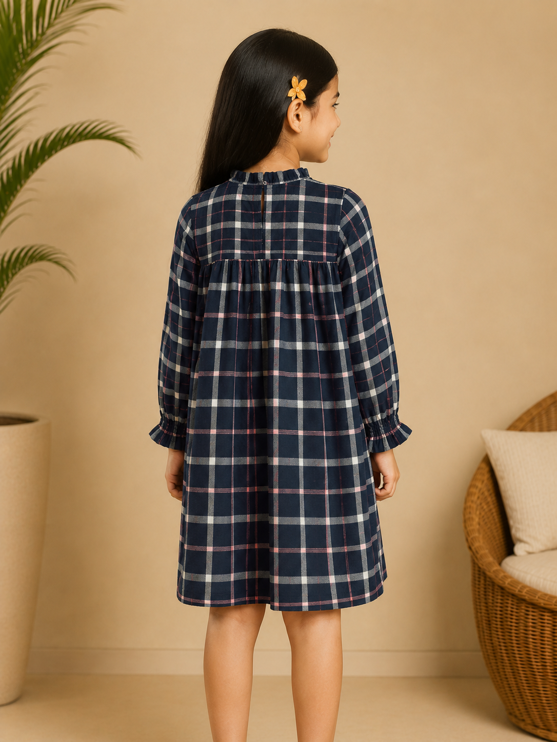 Navy blue checked girls long sleeve A-line dress with ruffle detailing and flared hem