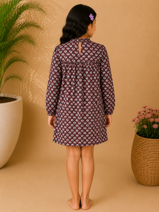 Brown checked girls flared skirt with gathered waist and ruffle detailing