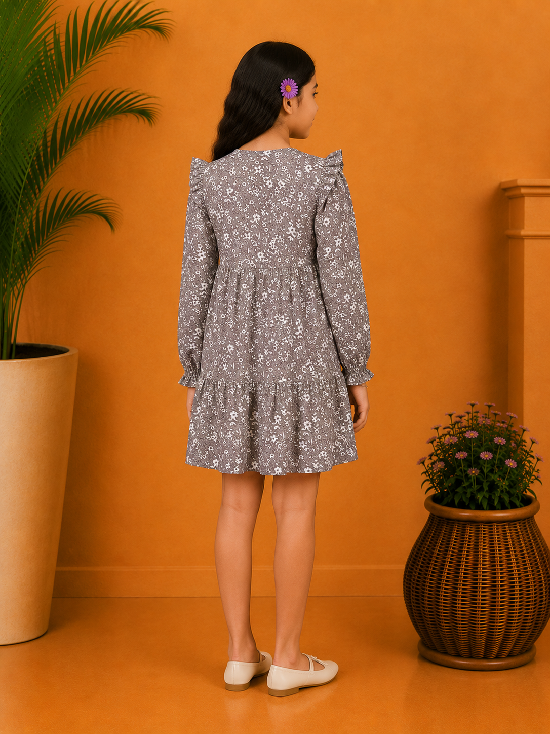 Grey girls long sleeve printed dress with gathered waist and ruffle hem