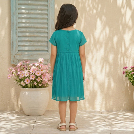 Teal green girls short sleeve dress with floral embroidery and gathered waist