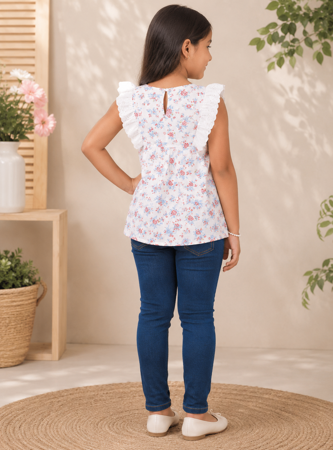 White girls sleeveless floral printed top with colourful all-over print