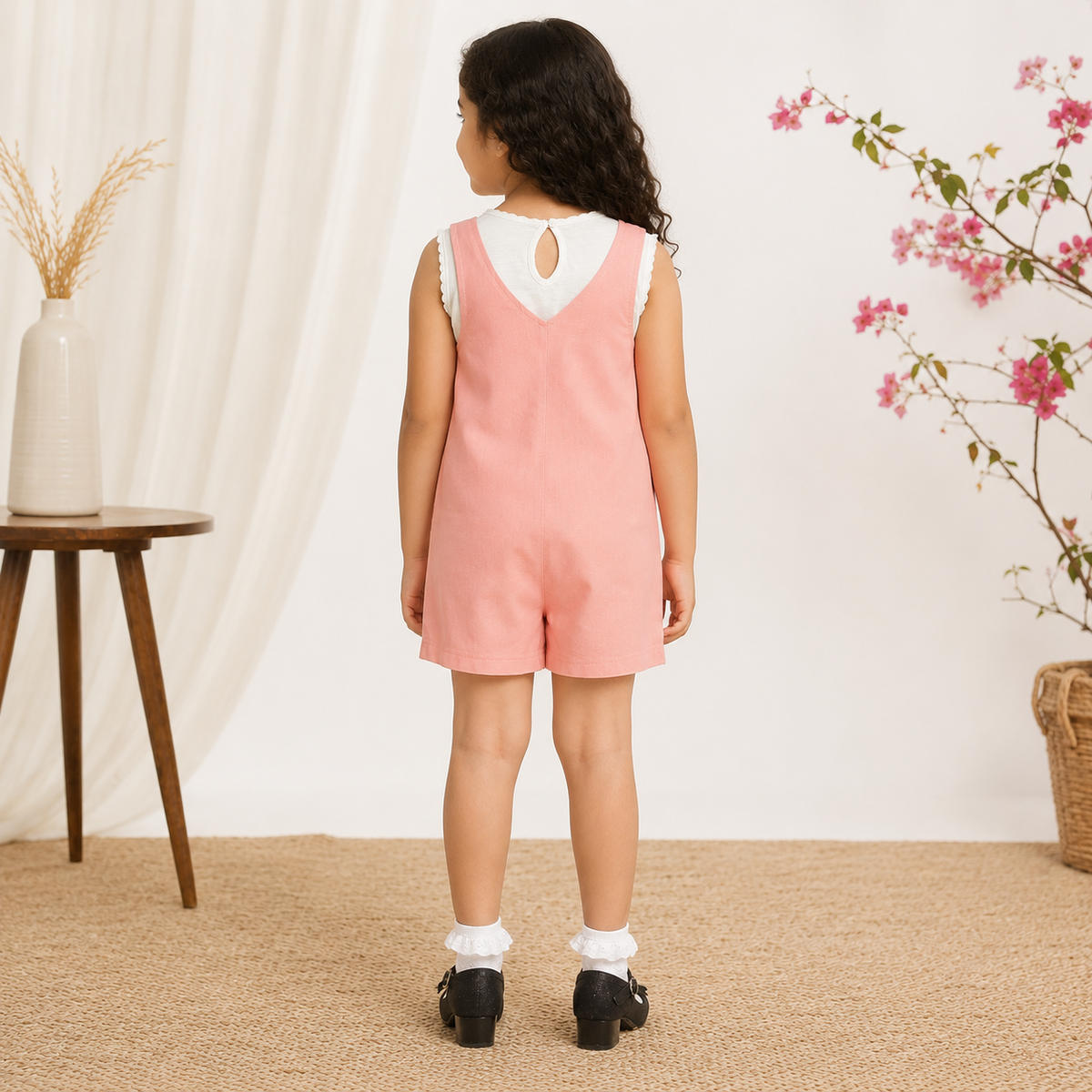 Pink checked girls sleeveless romper with shoulder straps and relaxed fit