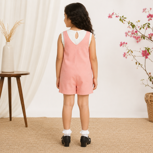 Pink checked girls sleeveless romper with shoulder straps and relaxed fit