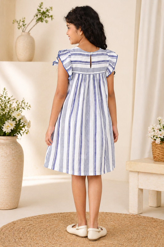 White and blue striped girls sleeveless dress with ruffle sleeves and gathered waist