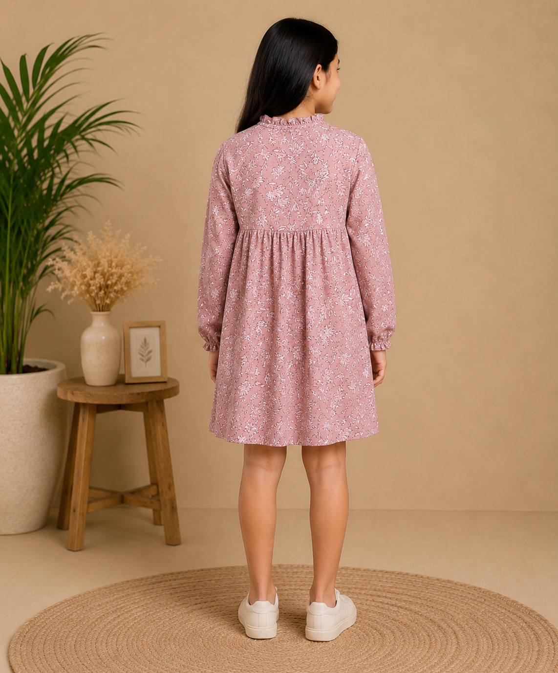 Dusty pink girls long sleeve dress with gathered waist and ruffle hem
