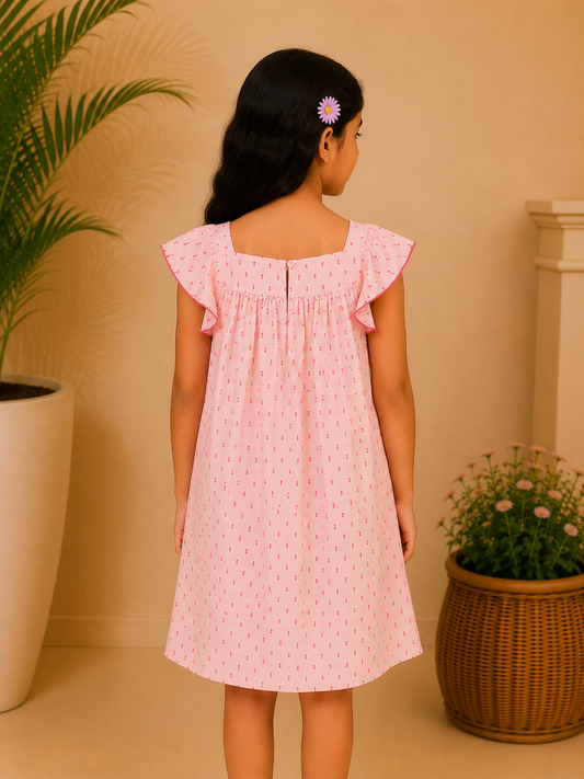 Pink girls sleeveless romper with ruffle detailing and comfortable shorts