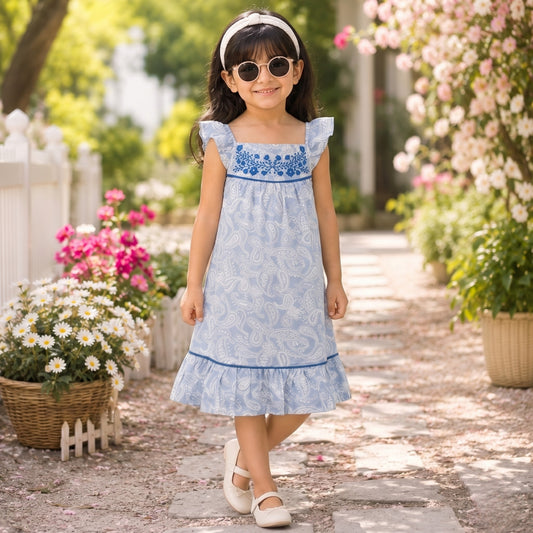 Blue girls striped short sleeve dress with layered ruffle hem and gathered waist