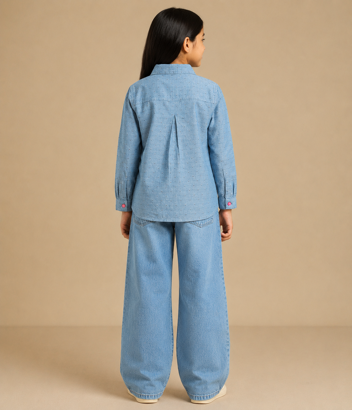 Blue girls long sleeve sweatshirt with pink floral embroidery