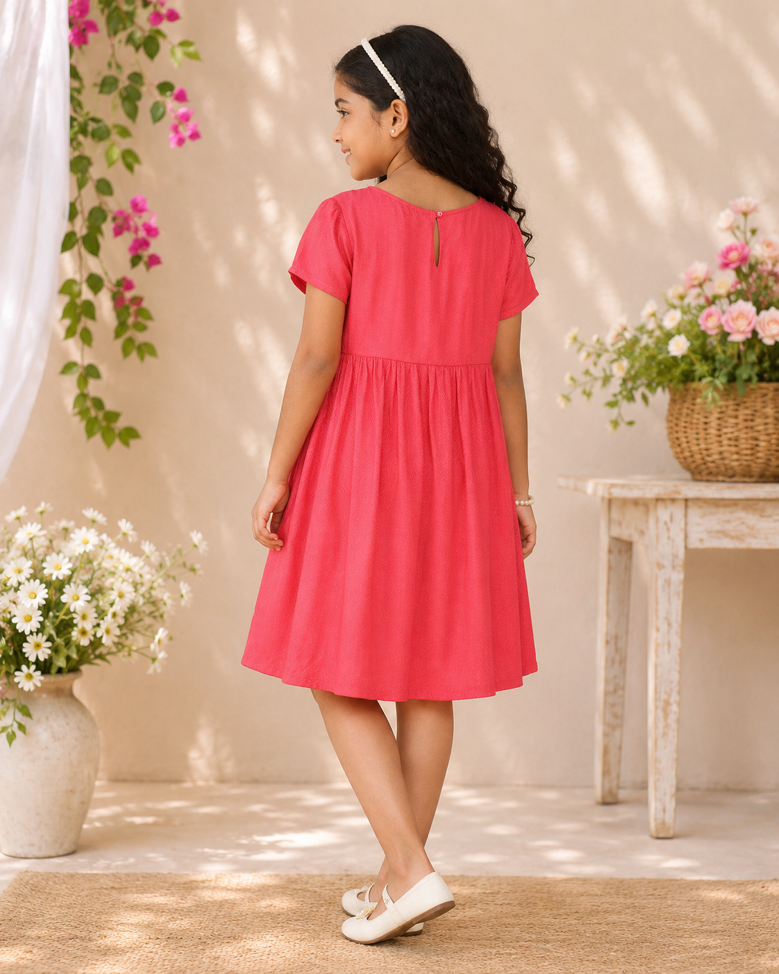 Coral red girls embroidered fit and flare dress with ruffle sleeves and flared hem