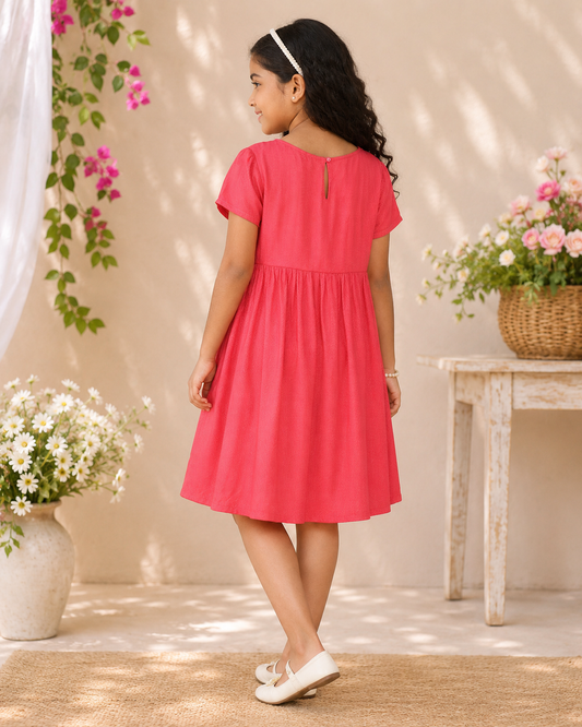 Coral red girls embroidered fit and flare dress with ruffle sleeves and flared hem