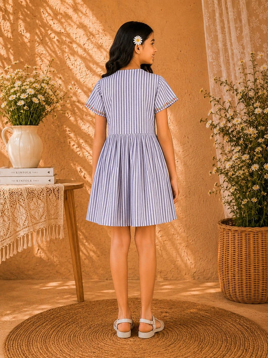 White girls short sleeve dress with pastel pink and blue colour block detailing