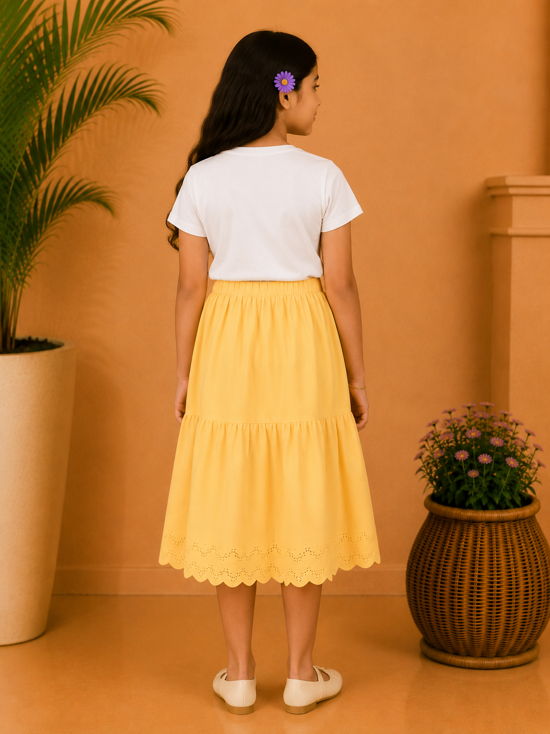 Black girls short sleeve top with mustard yellow flared skirt