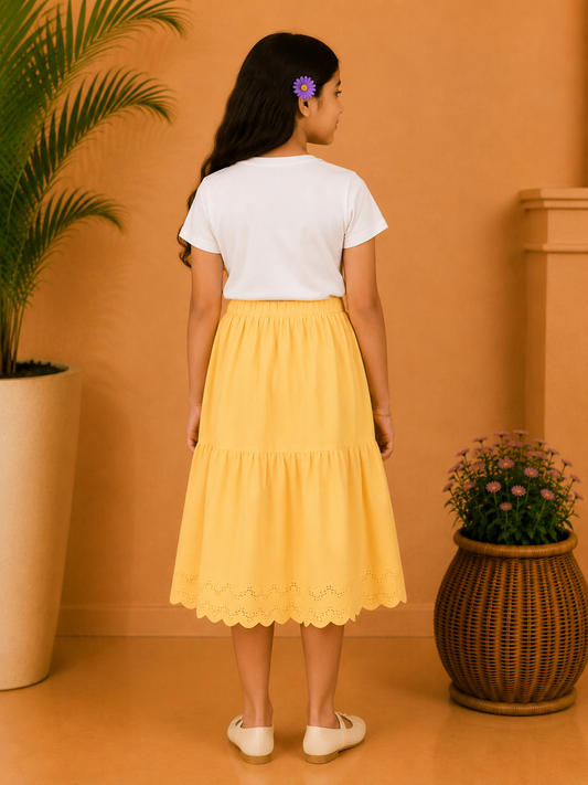 Black girls short sleeve top with mustard yellow flared skirt