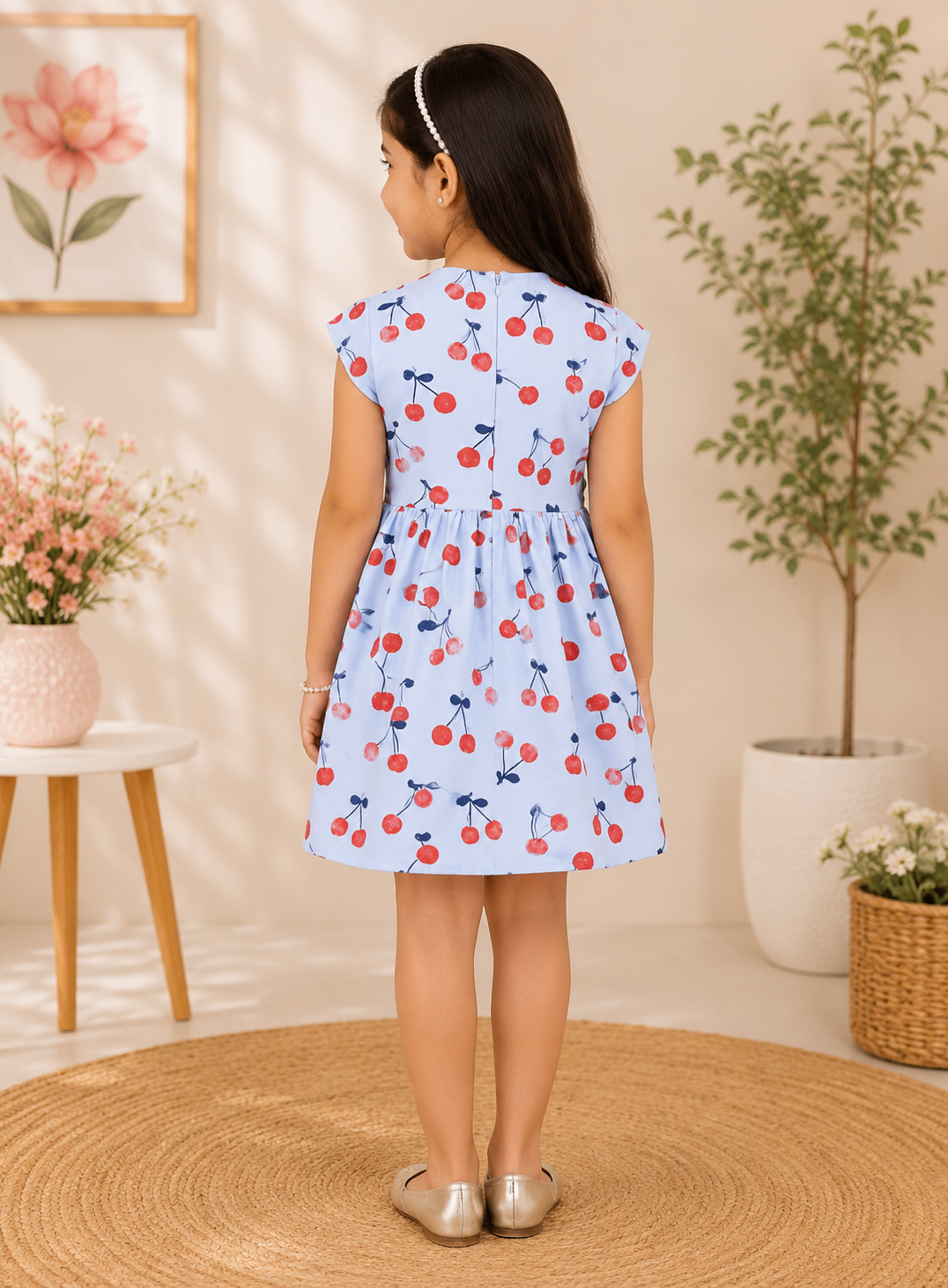 White girls floral printed sleeveless dress with purple detailing and flared hem