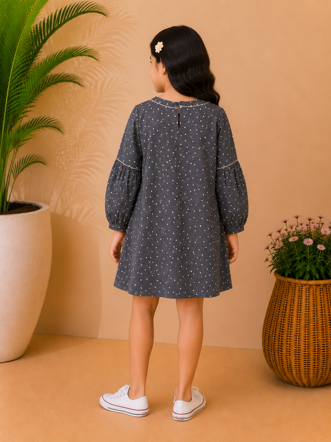 Black girls long sleeve A-line dress with grey striped detailing and flared hem