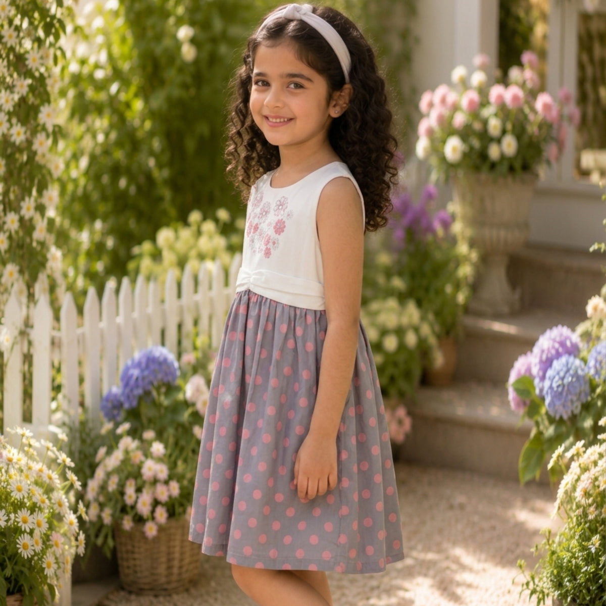 White girls sleeveless top with floral detailing and brown checked flared skirt