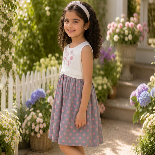 White girls sleeveless top with floral detailing and brown checked flared skirt