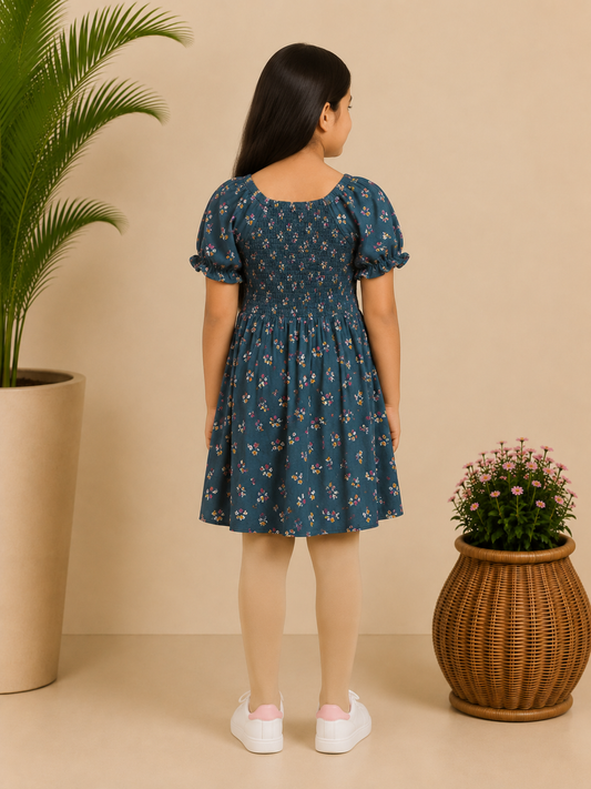 Navy blue girls floral printed short sleeve dress with gathered waist and flared hem