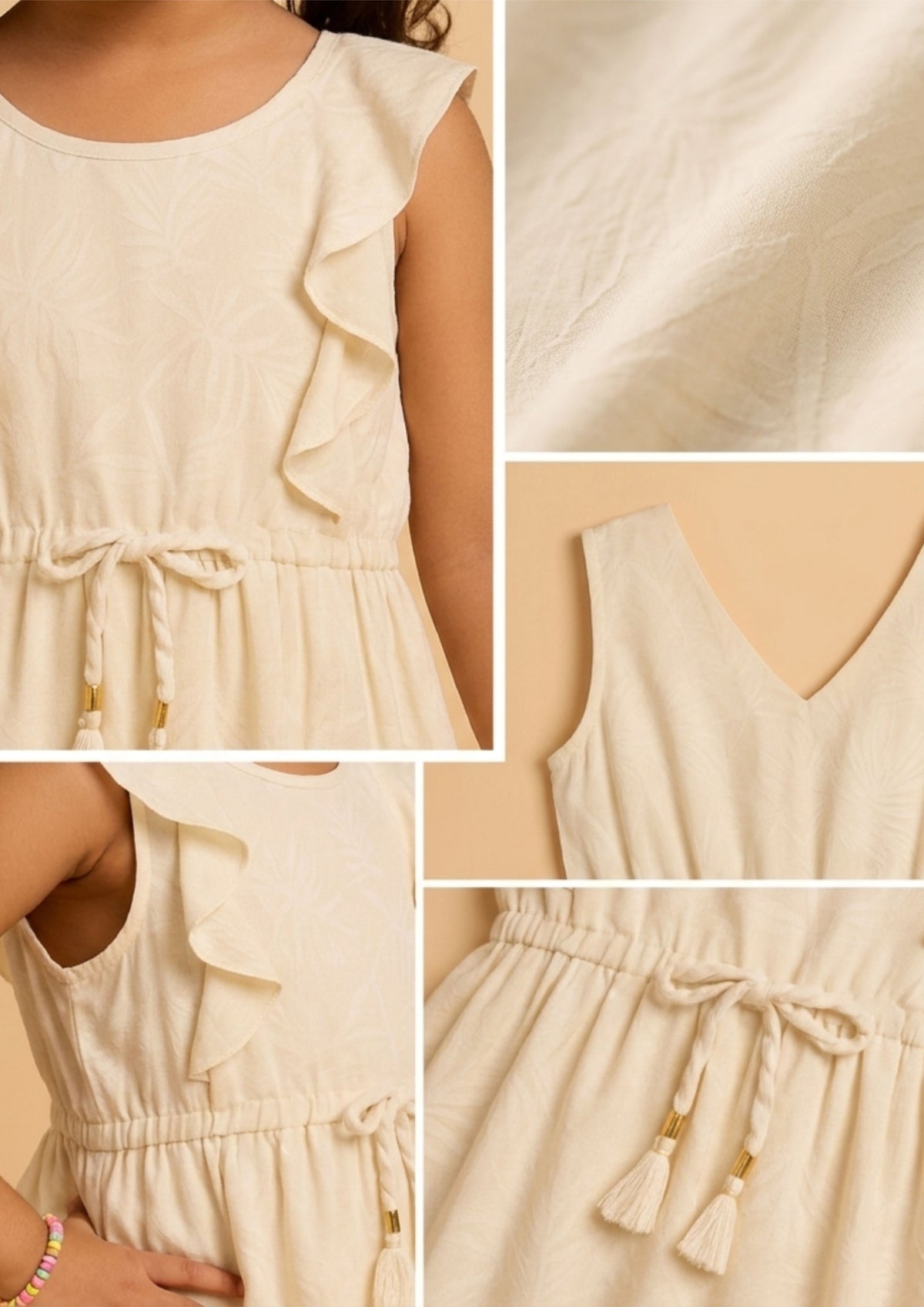 Beige girls sleeveless fit and flare dress with gathered waist and pleated skirt