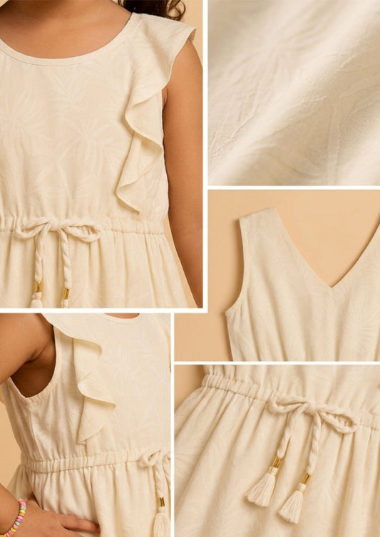 Beige girls sleeveless fit and flare dress with gathered waist and pleated skirt