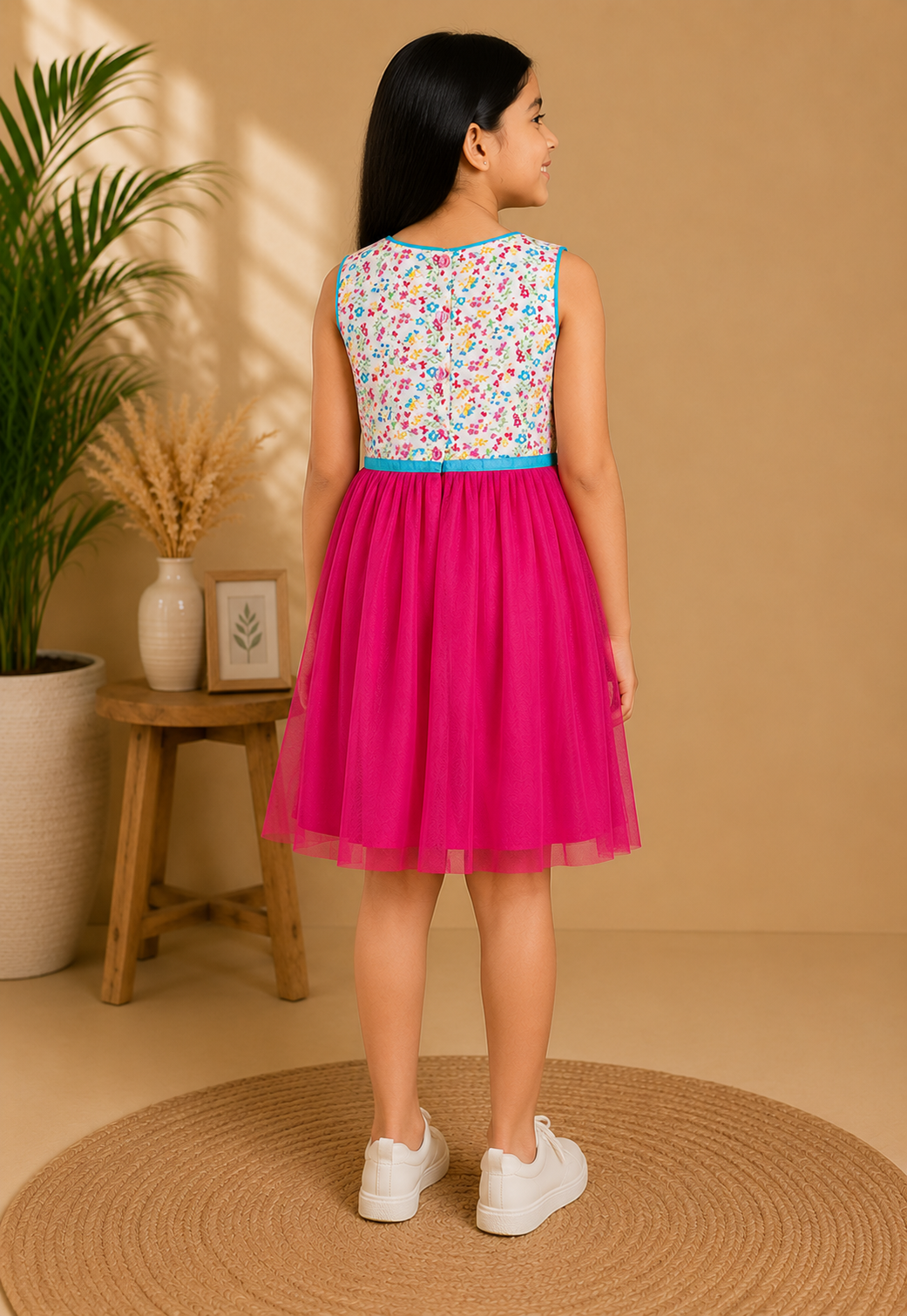 Pink girls sleeveless dress with floral bodice and layered ruffle skirt