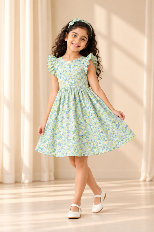 Mint green girls printed shorts with flared fit and elasticated waist