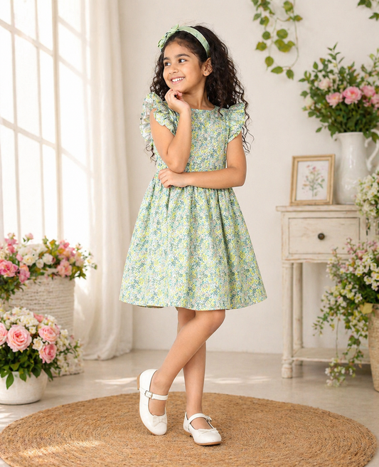 Mint green girls printed shorts with flared fit and elasticated waist