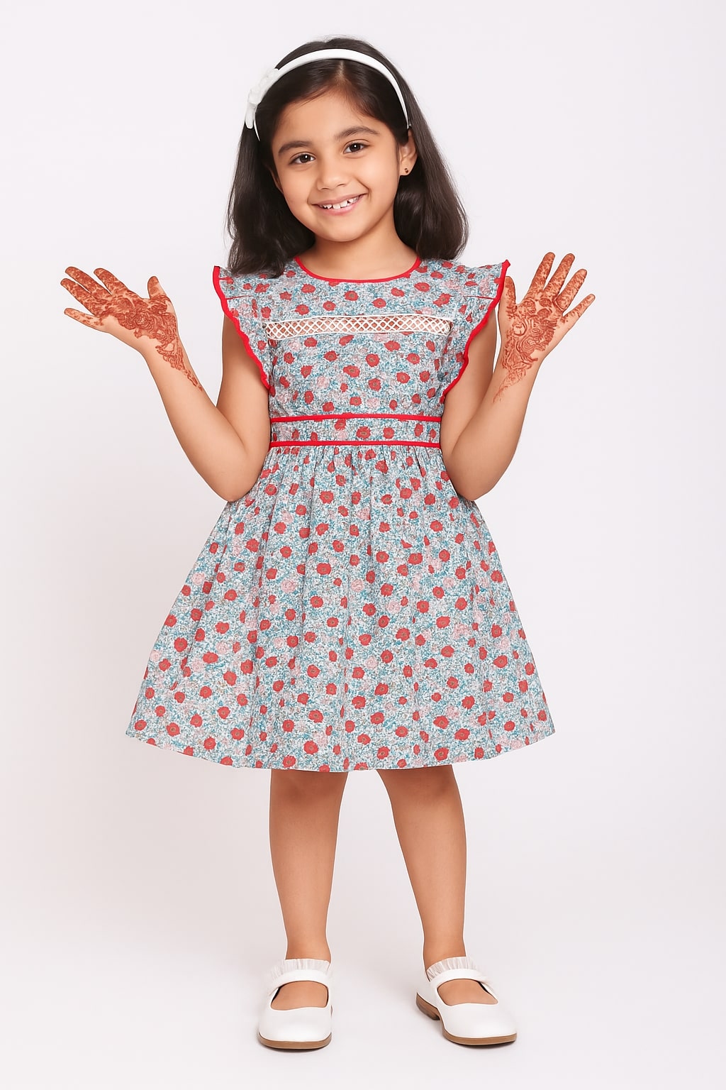 Pink floral printed girls short sleeve dress with gathered waist and flared hem