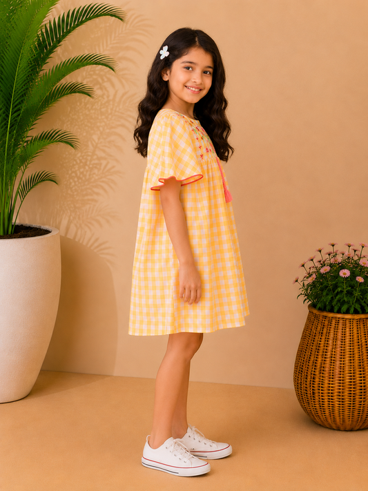 Yellow checked girls fit and flare dress with ruffle sleeves and flared skirt
