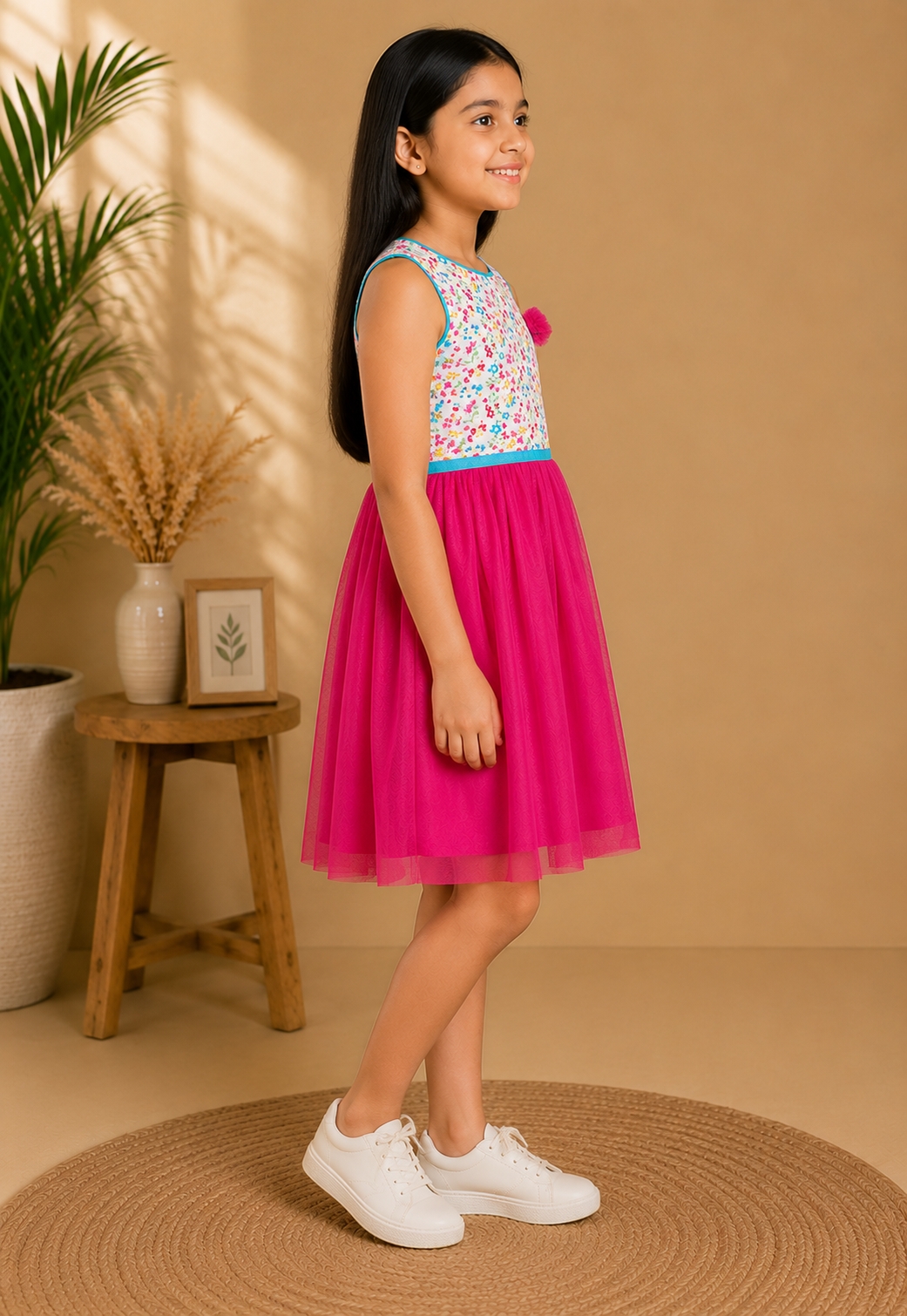 Pink girls sleeveless dress with floral bodice and layered ruffle skirt