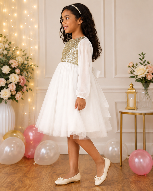 White girls sleeveless fit and flare dress with layered tulle skirt and flared hem
