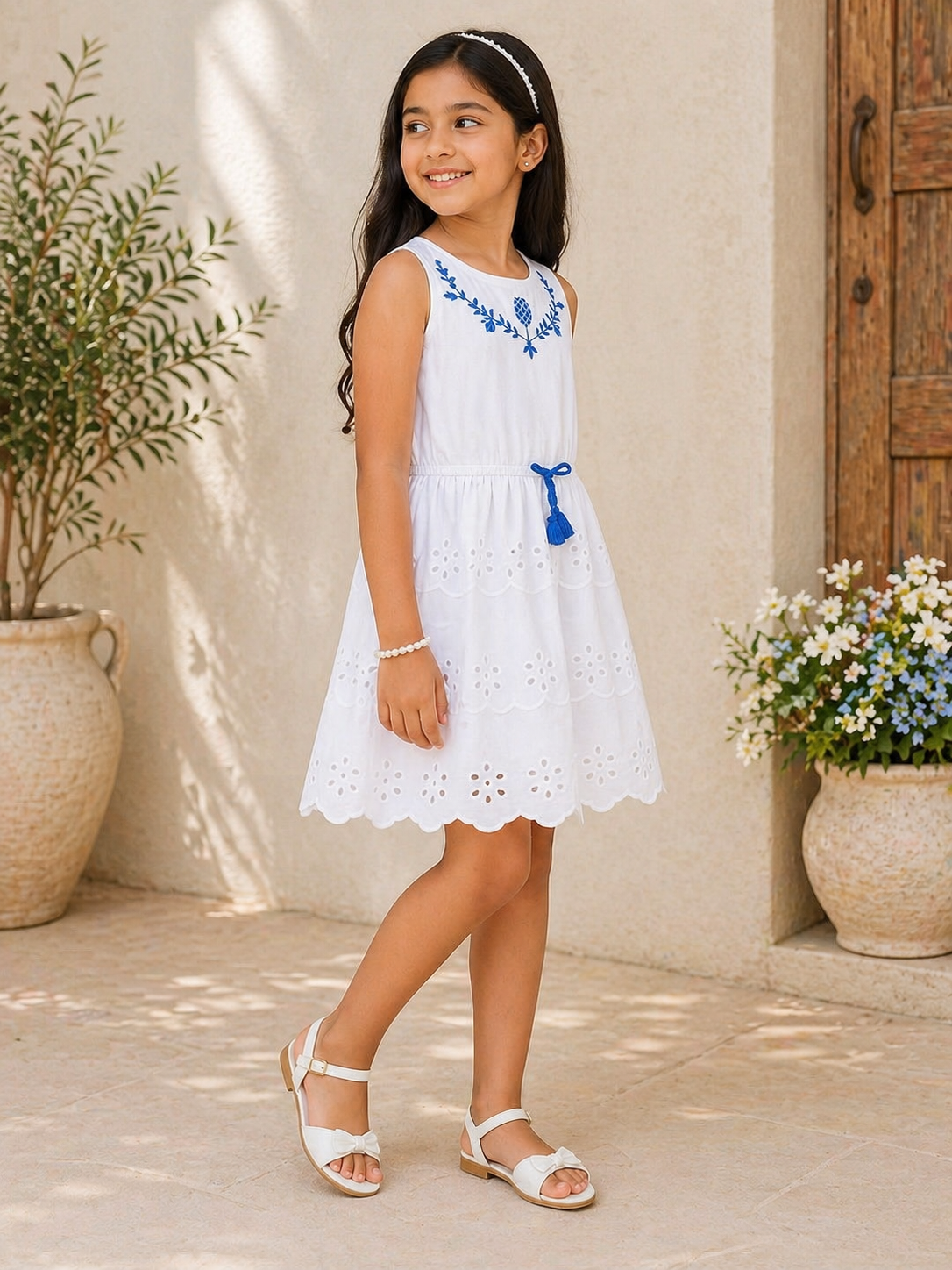 Light blue girls sleeveless A-line dress with bow detailing and flared hem