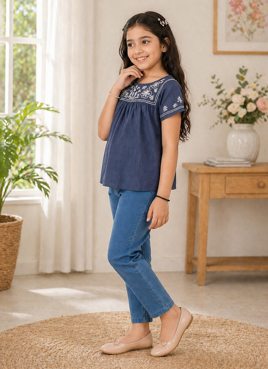 Blue girls short sleeve top with white floral embroidery and gathered detailing
