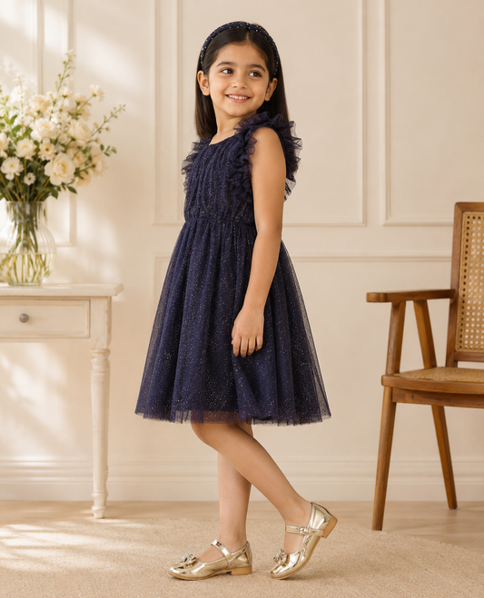 Black girls sleeveless fit and flare dress with ruffle detailing and flared skirt