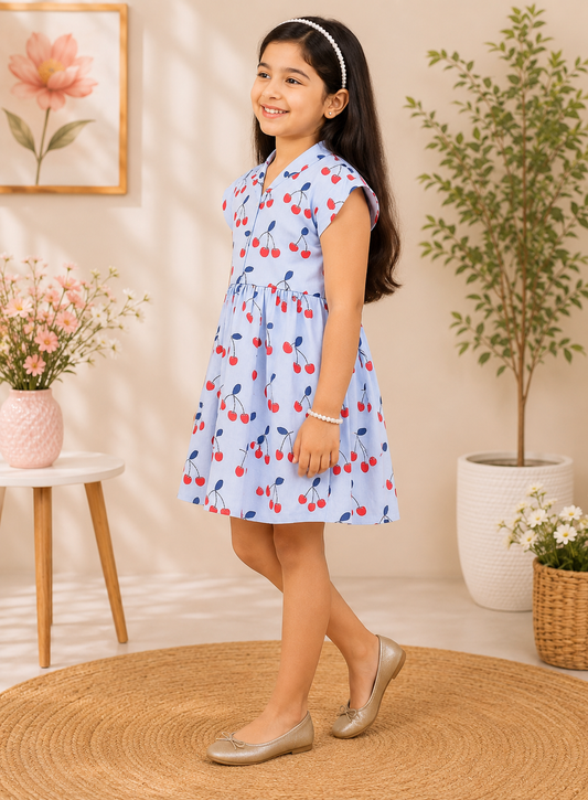 White girls floral printed sleeveless dress with purple detailing and flared hem