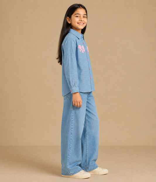 Blue girls long sleeve sweatshirt with pink floral embroidery