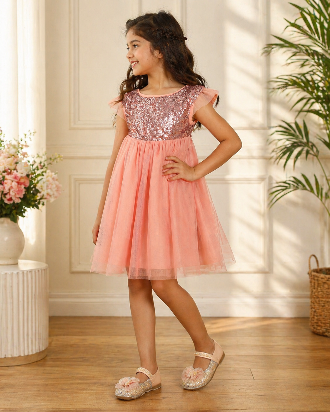 Coral pink girls off-shoulder dress with ruffle neckline and flared skirt