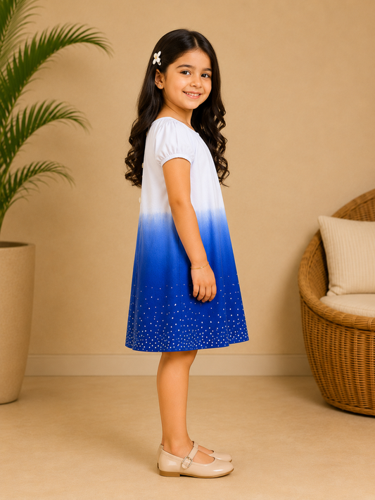 White and navy blue ombre girls sleeveless A-line dress with flared hem