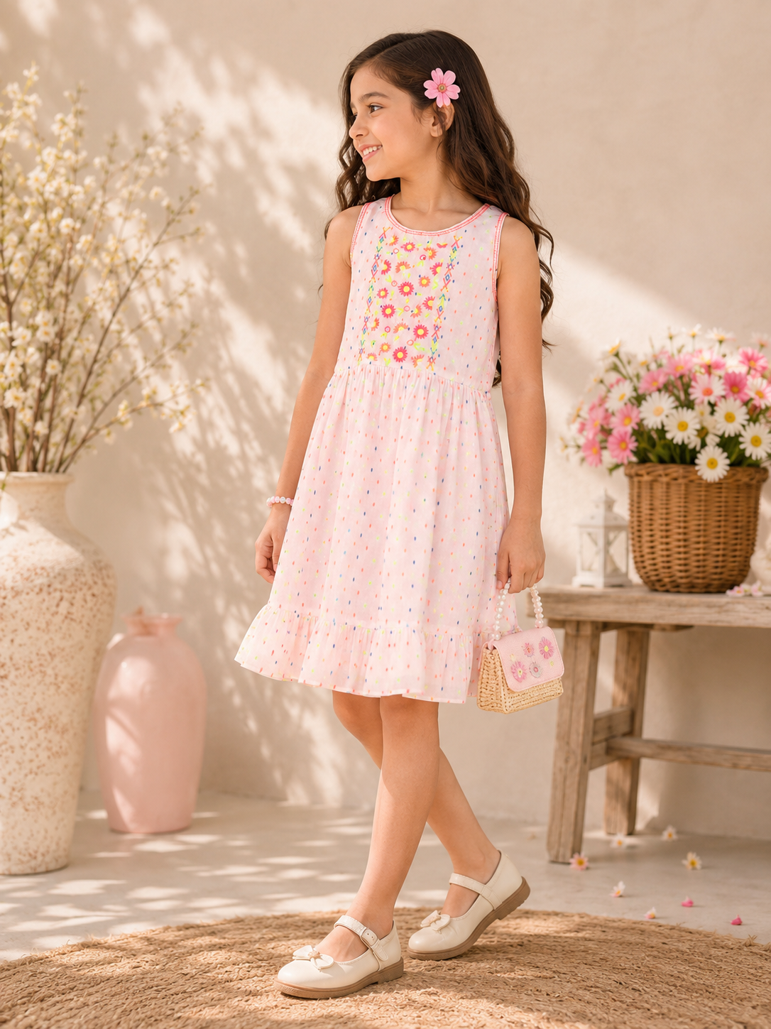 White girls sleeveless top with peach floral embroidery and ruffle detailing