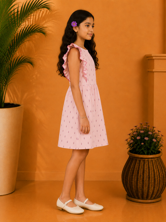 Pink and white gingham girls short sleeve dress with ruffle detailing and flared hem