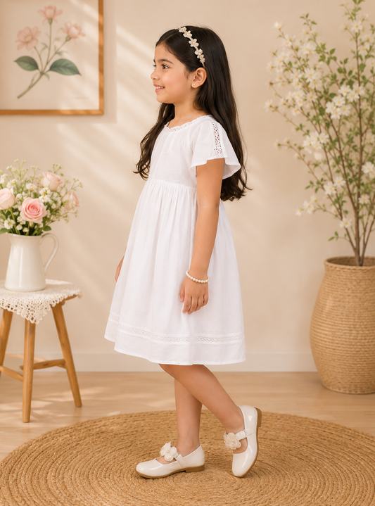 White girls short sleeve tiered dress with gathered waist and flared skirt