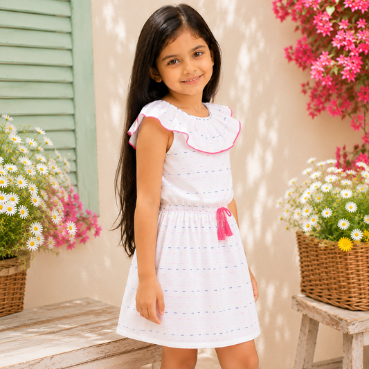 White and pink striped girls sleeveless dress with ruffle neckline and tassel detailing