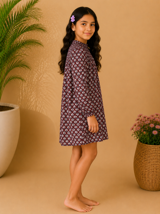 Brown checked girls flared skirt with gathered waist and ruffle detailing