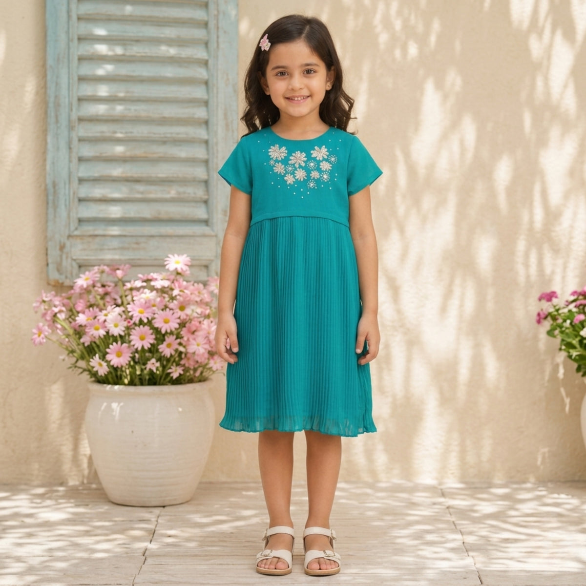 Teal green girls short sleeve dress with floral embroidery and gathered waist
